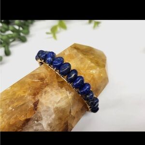 Lapis Lazuli Beaded Bangle wrapped in 18k yellow or white gold overlay